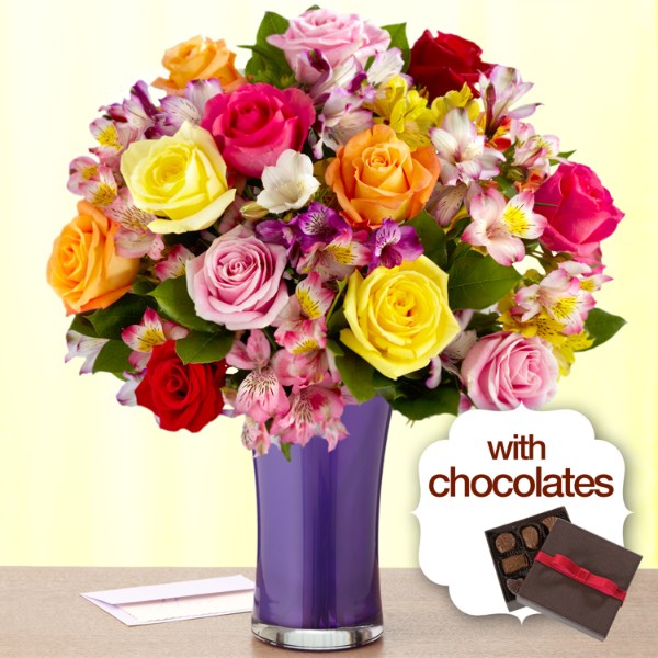 Deluxe Smiles and Sunshine with Amethyst Trumpet Vase & Chocolates