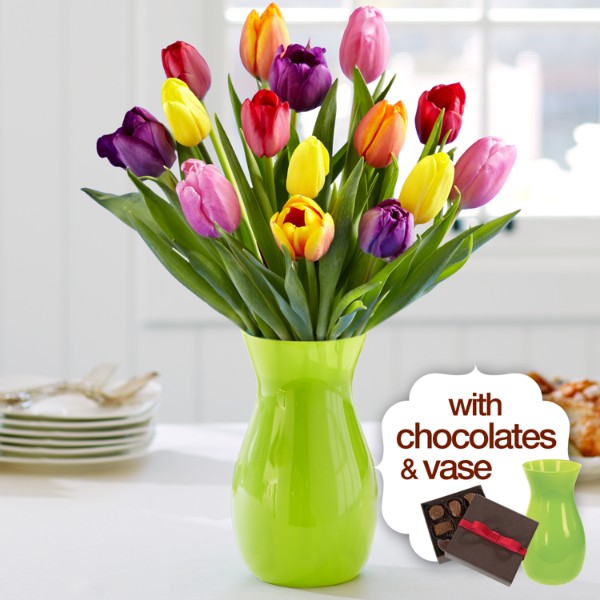 MultiColored Tulips for Mom with Green Vase & Chocolates